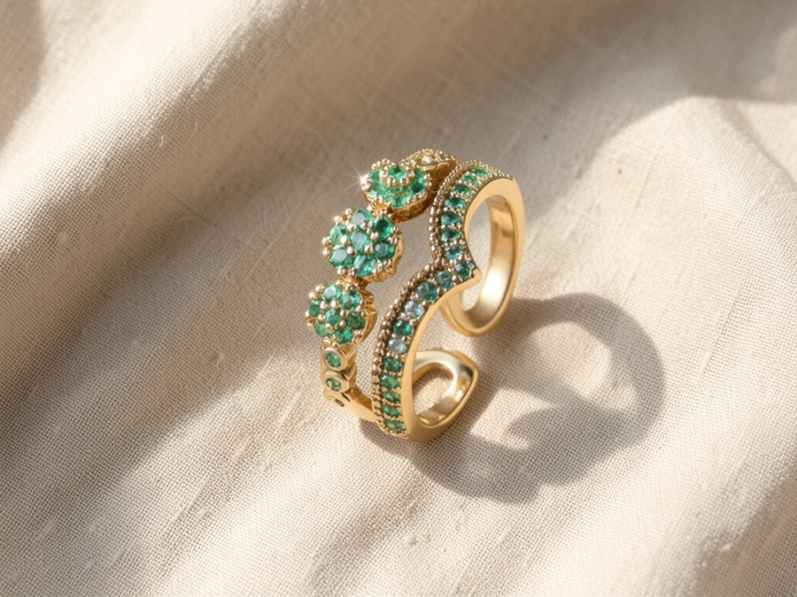 Anello regolabile con pietra verde smeraldo