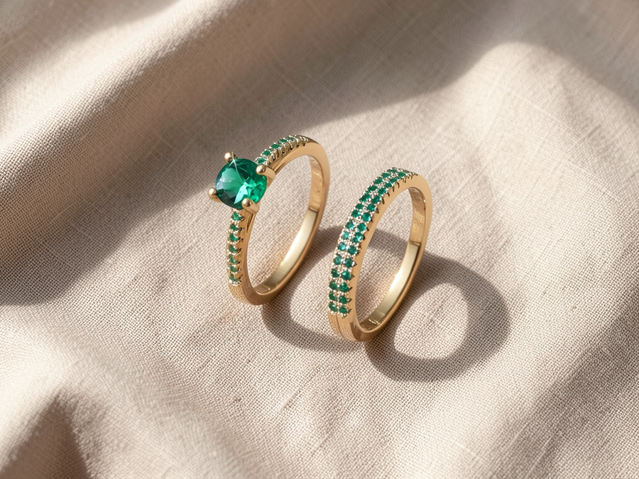 Set di due anelli dorati con pietra verde smeraldo