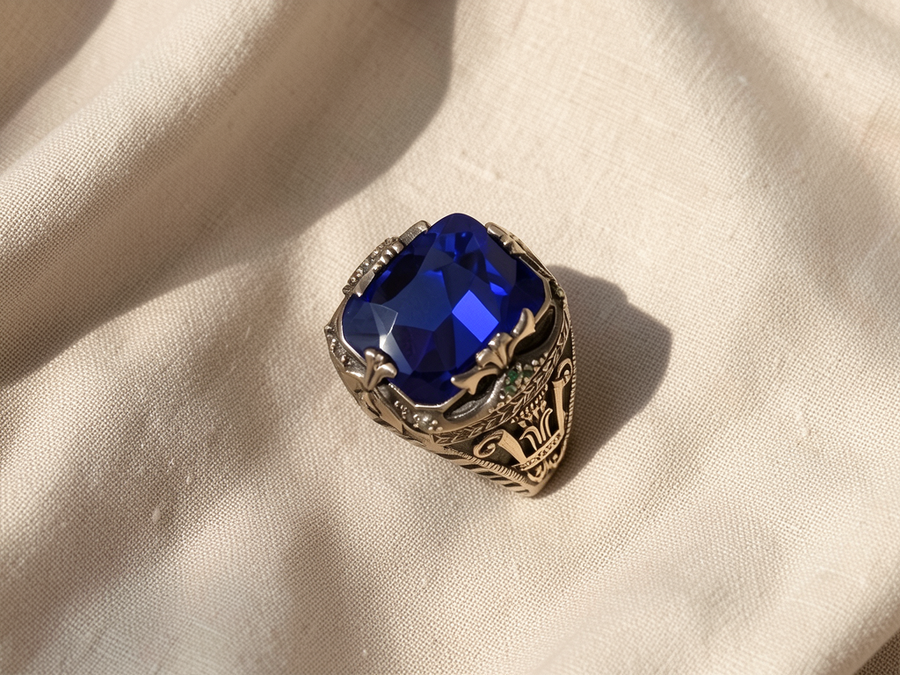 Anello dorato con pietre blu