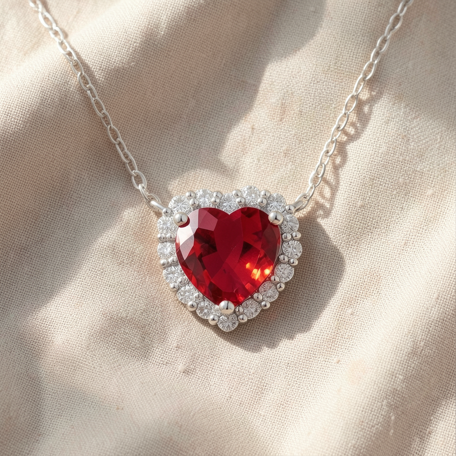 Collana oro rosa con cuore rosso rubino