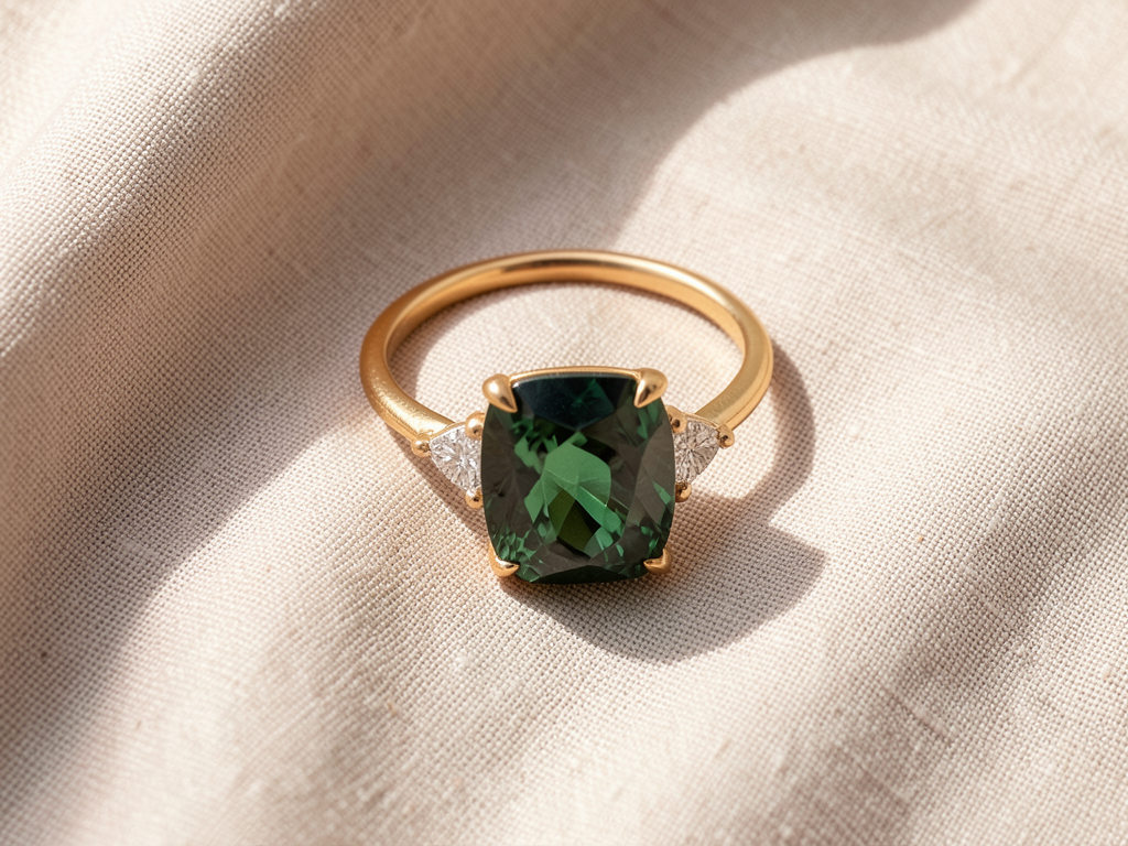 Anello dorato con zirconi verdi