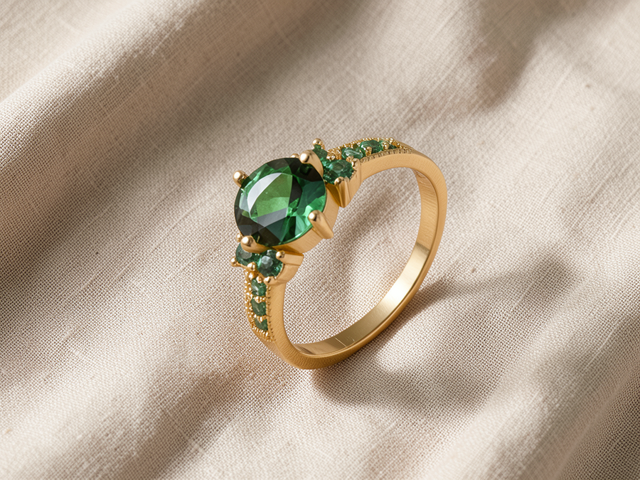 Anello dorato con pietra verde smeraldo