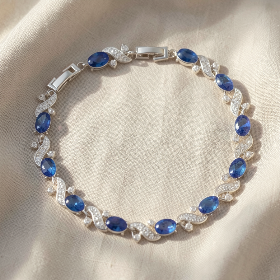 Bracciale tennis con pietra blu zaffiro ovale e cristalli