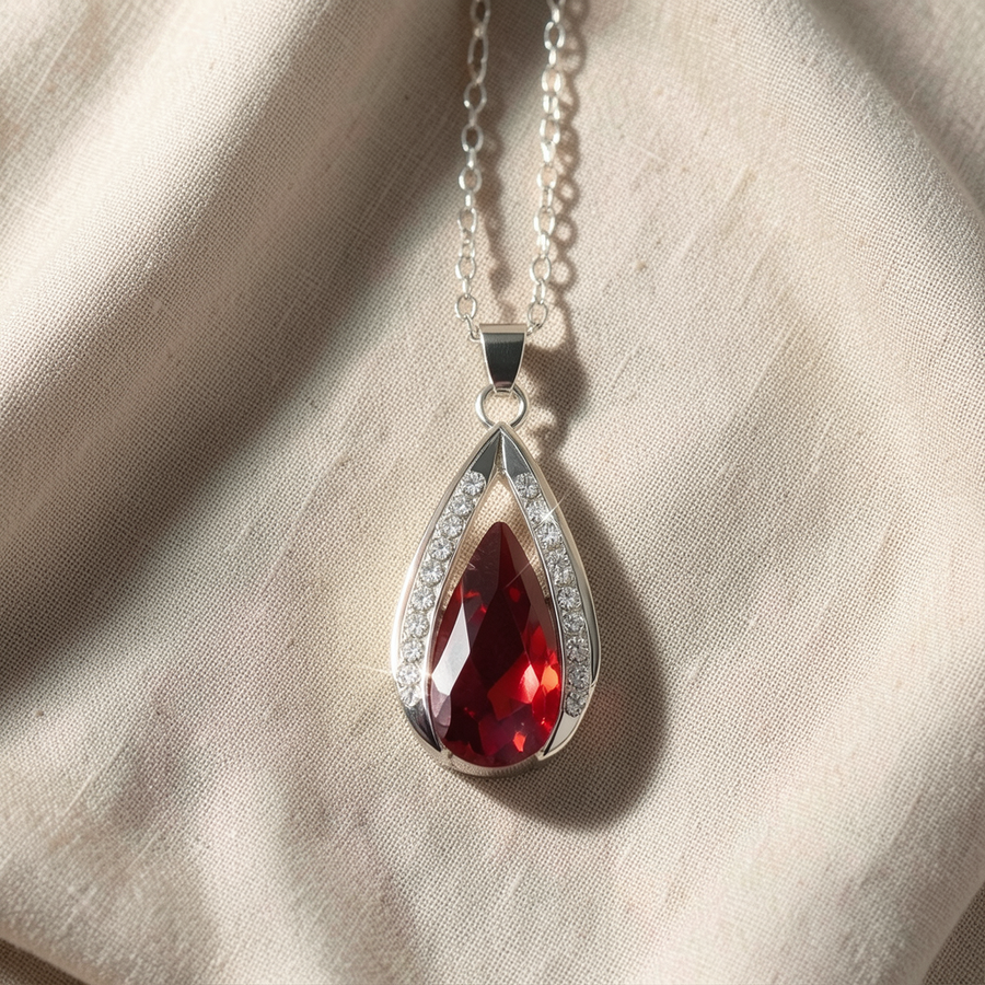 Collana argentata con goccia rosso rubino