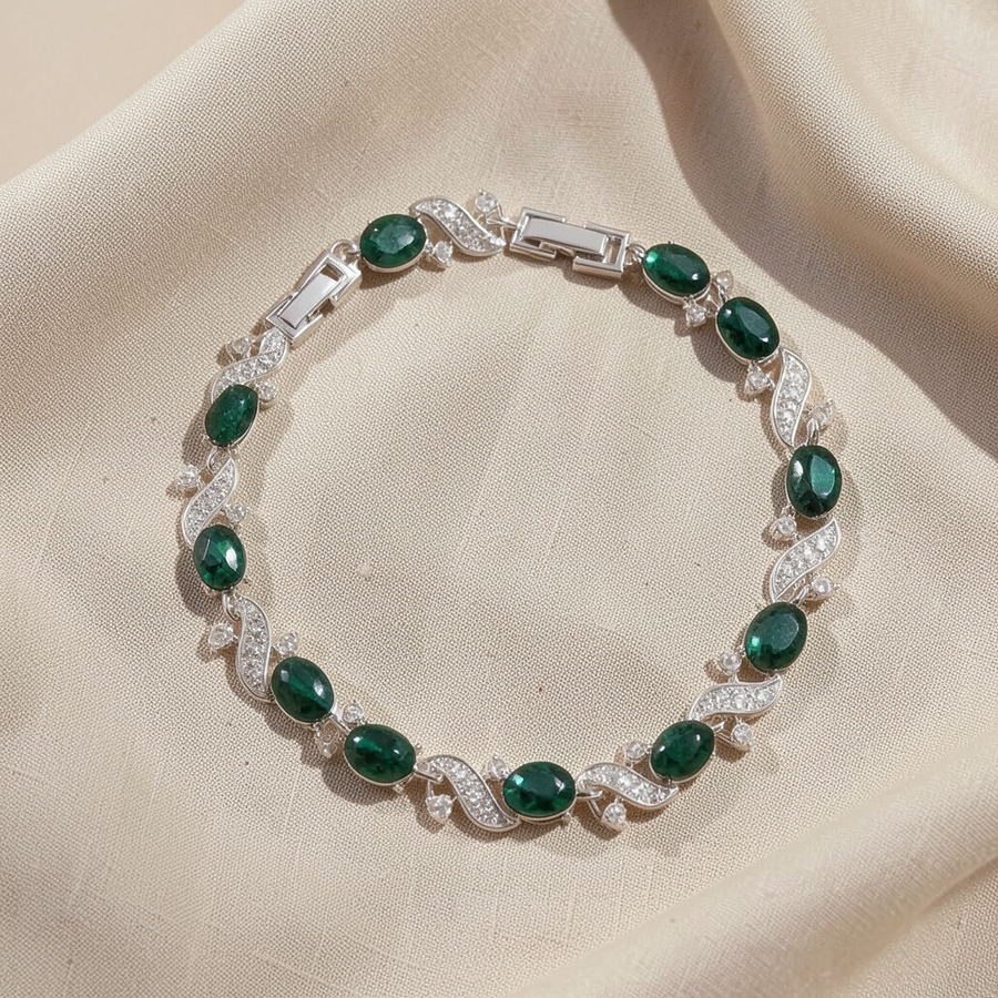 Bracciale a catena ondulata argentato con pietra verde