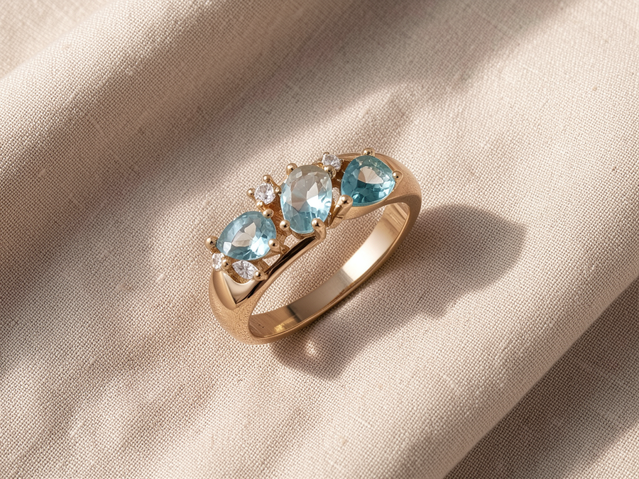 Anello dorato con zirconi blu