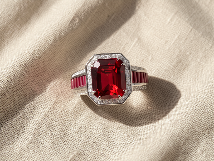Anello rosso rubino a taglio radiant