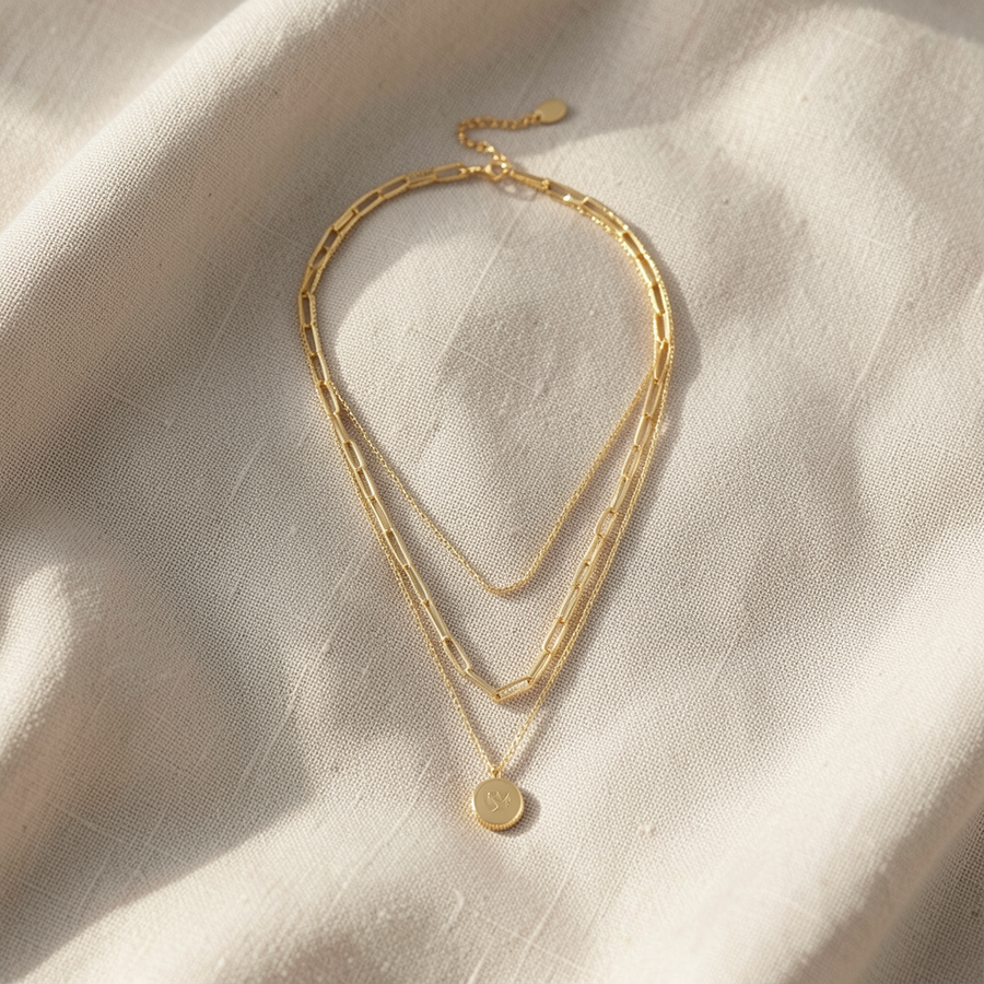 Collana dorata a strati con moneta
