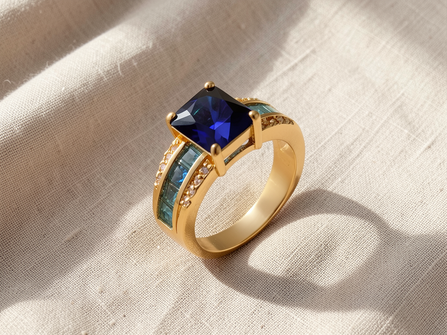 Anello dorato con pietra blu zaffiro