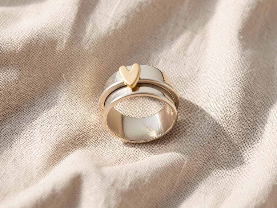 Anello argentato con cuore dorato
