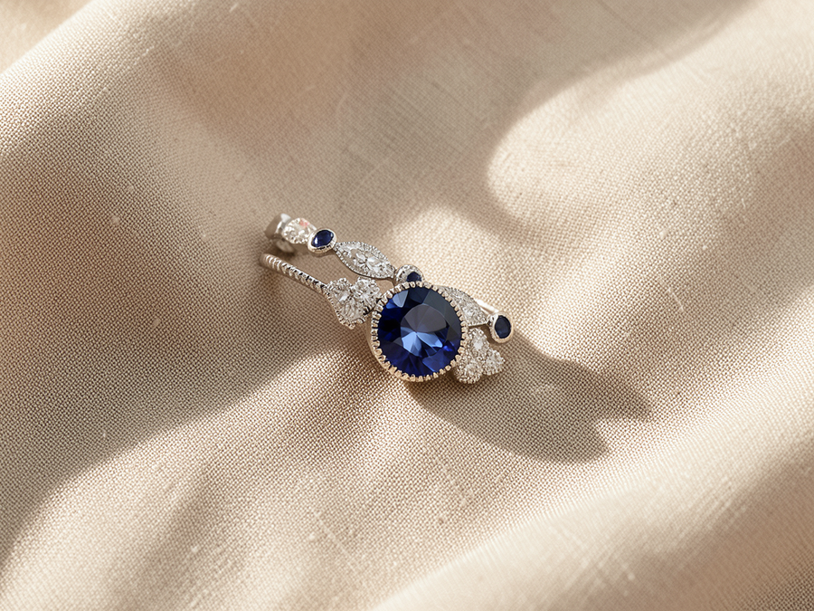 Set di anelli dorati con pietra blu zaffiro